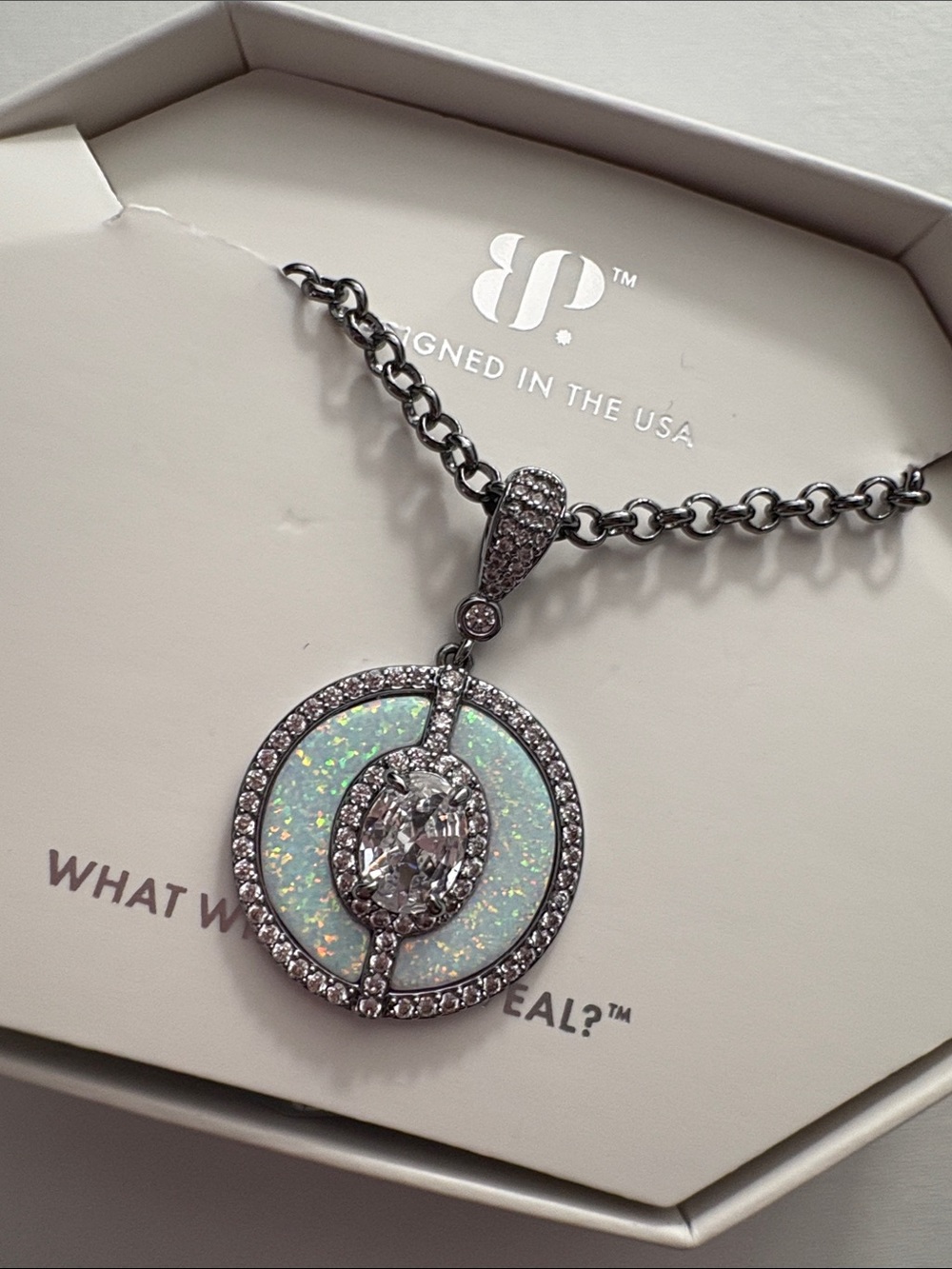 Round Opal-Inlay Pendant Necklace in White Opal and Silver Tone